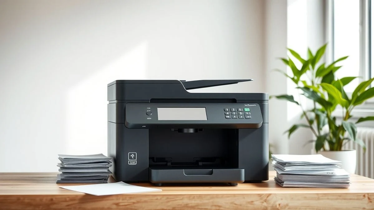 Una impresora moderna apagada sobre un escritorio de madera en una oficina luminosa, con papel reciclado y una planta al fondo.