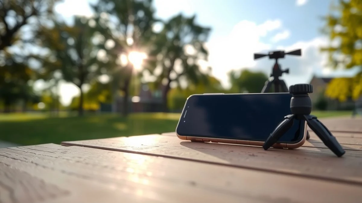 Un smartphone sobre una mesa de madera al aire libre, con la pantalla apagada, junto a unas gafas de eclipse solar y un trípode pequeño.