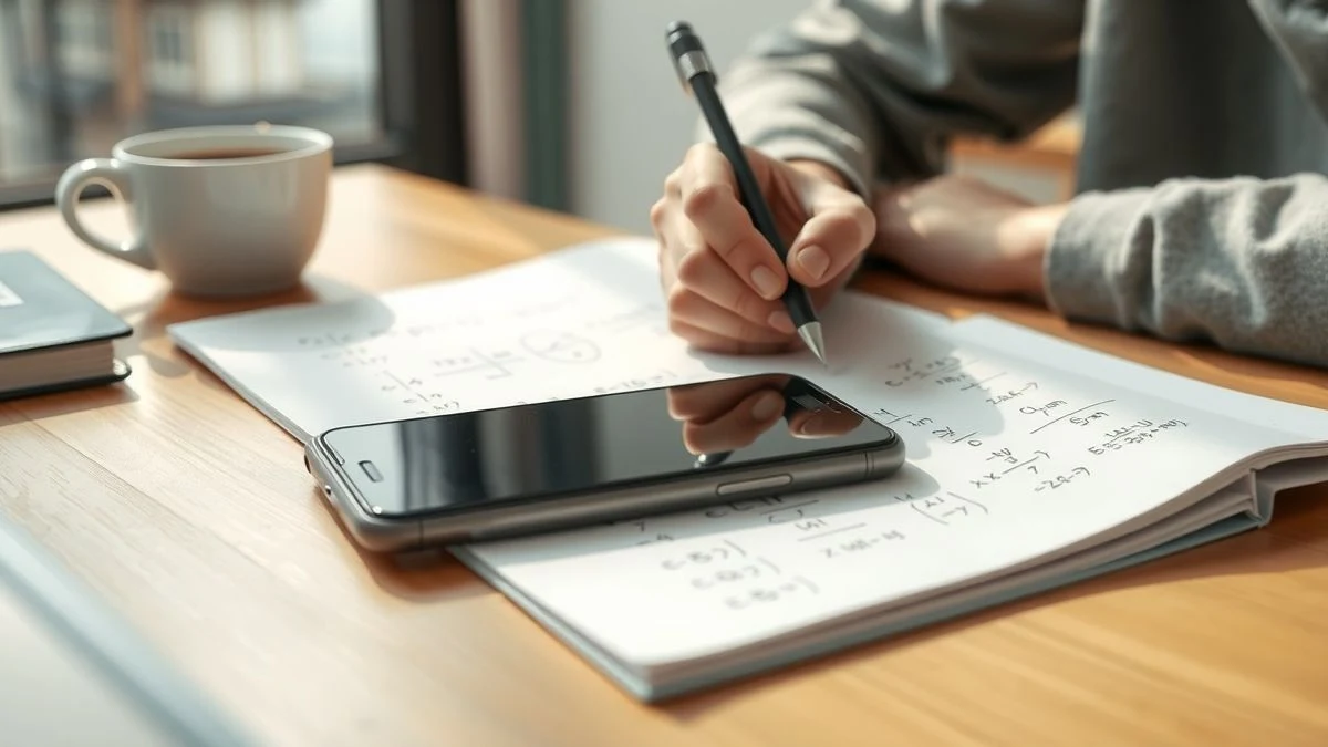 Primer plano de unas manos escribiendo ecuaciones matemáticas en un cuaderno, con un teléfono móvil apagado sobre la mesa y un ambiente de estudio luminoso.