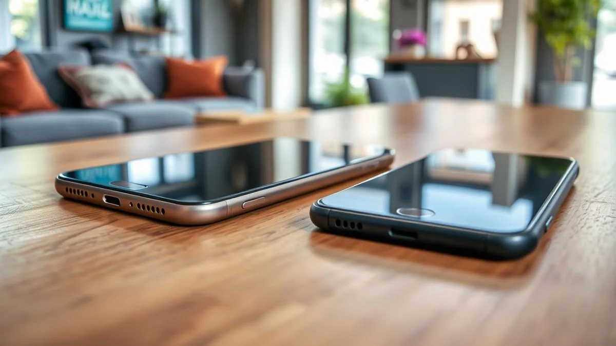 Dos smartphones modernos apagados sobre una mesa de madera en un salón luminoso.