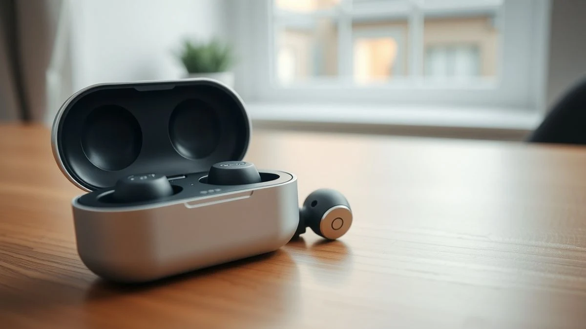 Primer plano de unos auriculares inalámbricos sin puntas de silicona sobre una mesa de madera junto a su estuche de carga, con luz natural suave.