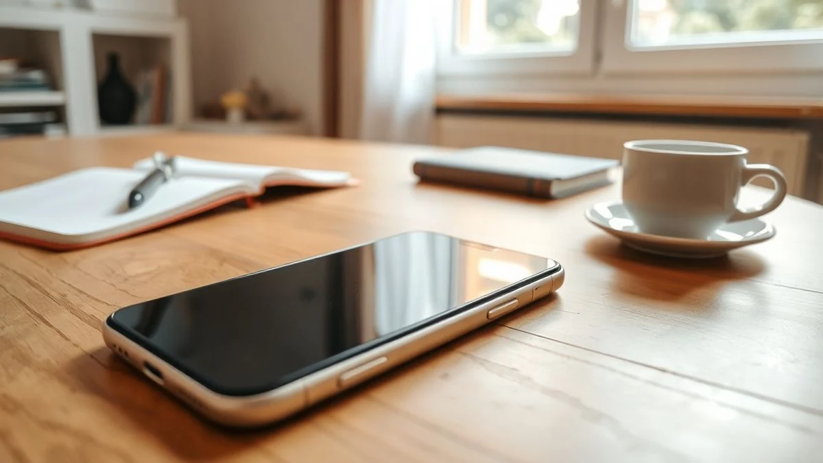 Un smartphone apagado sobre una mesa de madera, junto a una taza de café y un cuaderno, con luz natural entrando por una ventana.