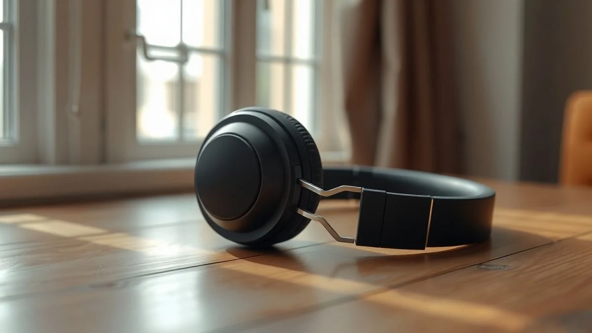 Primer plano de unos auriculares inalámbricos modernos sobre una mesa de madera, con luz natural suave.