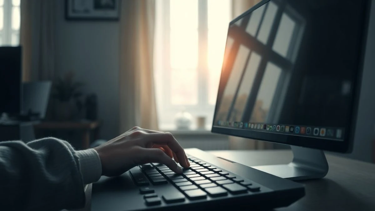 Primer plano de una mano tocando un teclado oscuro frente a una pantalla apagada en una habitación con luz tenue.