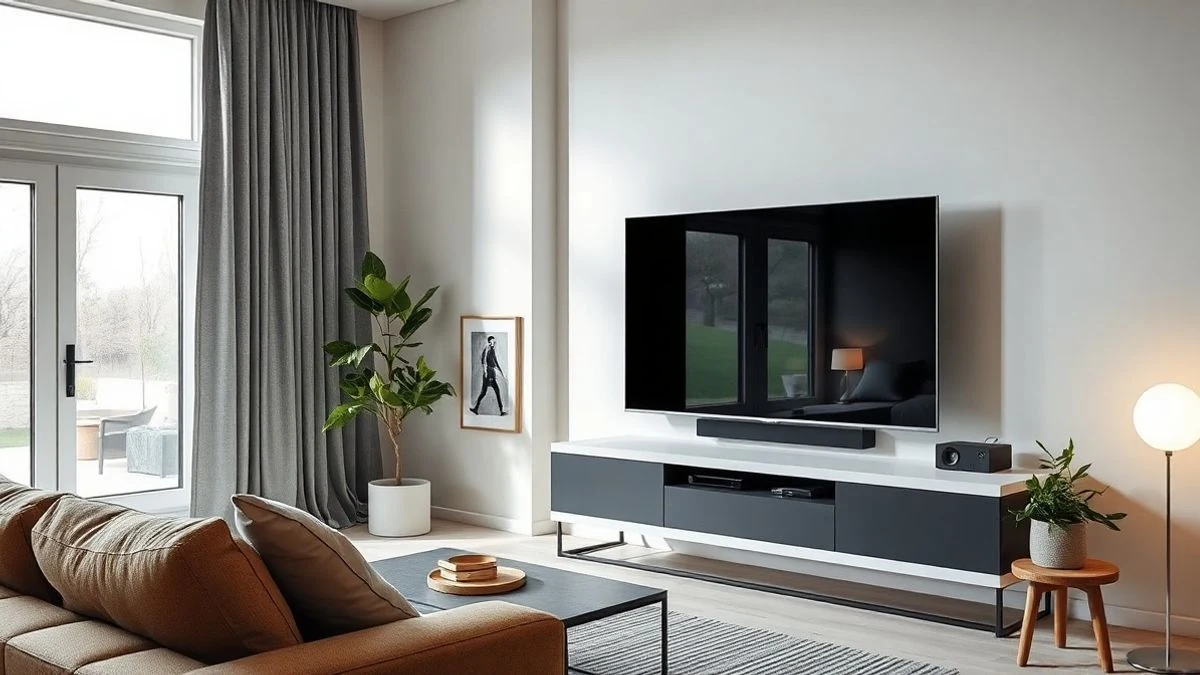 Salón moderno con un televisor OLED ultradelgado apagado montado en la pared, reflejando la luz natural de la ventana.
