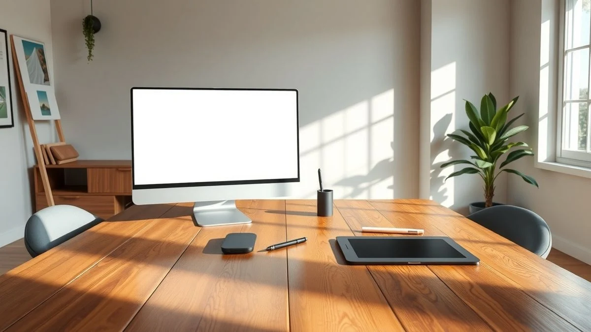 Interior de un estudio creativo moderno con una mesa de madera, un ordenador de sobremesa apagado, una tableta gráfica y un lápiz óptico, iluminado por luz natural.
