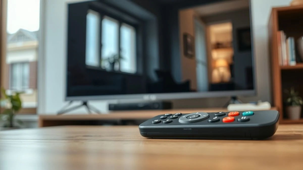 Primer plano de un mando de televisión sobre una mesa de madera, con la pantalla del televisor apagada reflejando la luz de la sala.