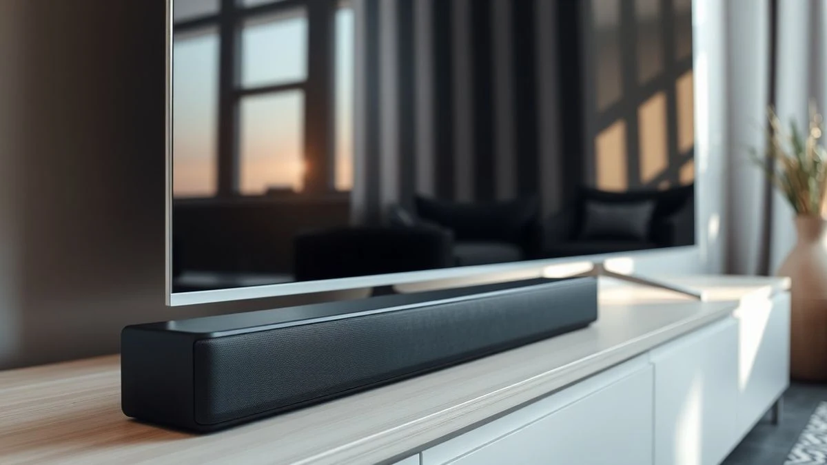 Primer plano de una barra de sonido moderna sobre un mueble de salón escandinavo, con la pantalla del televisor apagada.