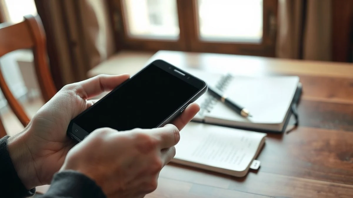 Manos sosteniendo un smartphone apagado sobre una mesa de madera con un cuaderno y un bolígrafo.
