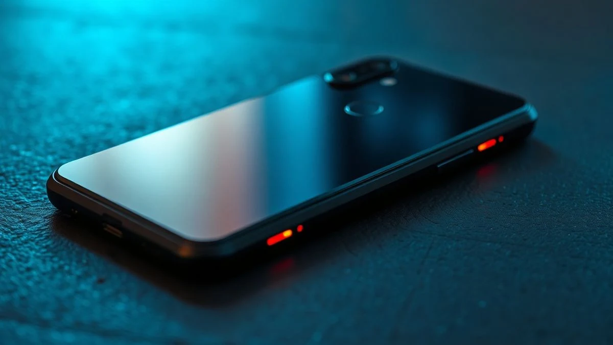 Primer plano del panel trasero de un smartphone gaming apagado sobre una superficie oscura, con reflejos de luz de colores en los bordes.