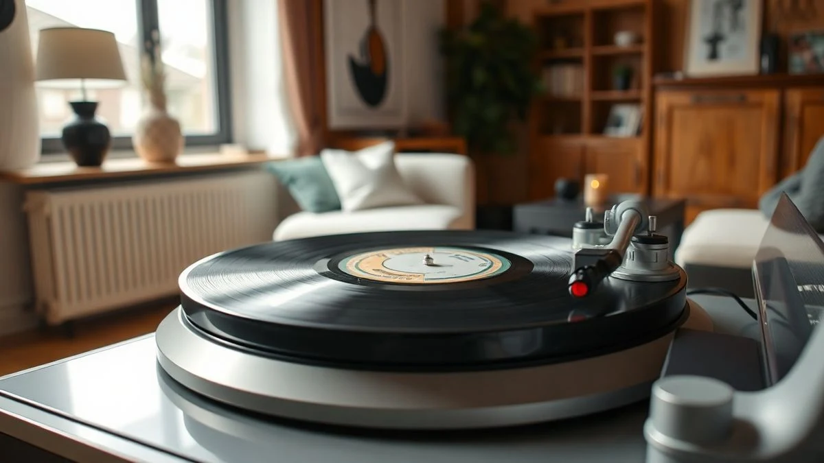 Primer plano de un giradiscos moderno con un vinilo en el plato y el brazo fonocaptor apoyado, en un salón luminoso de estilo europeo.