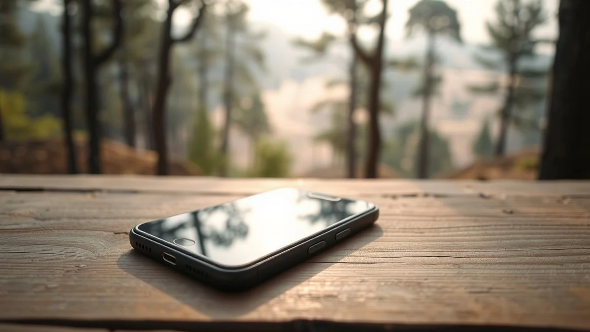 Un smartphone apagado sobre una mesa de madera al aire libre, con un bosque y humo de incendio de fondo desenfocado.