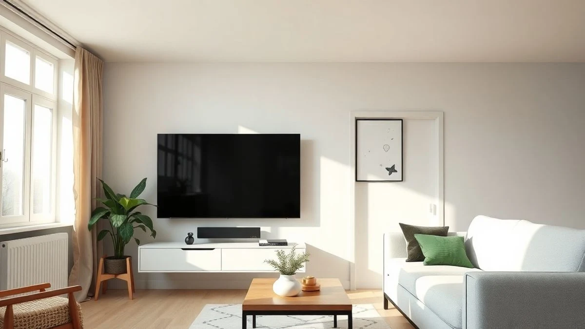 Un salón moderno con un televisor de pantalla grande apagado montado en la pared, reflejando la luz natural de una ventana.
