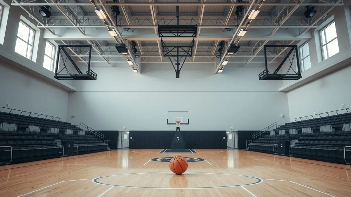 Pista de baloncesto vacía con una pelota en el centro y equipos de grabación automáticos en el techo.