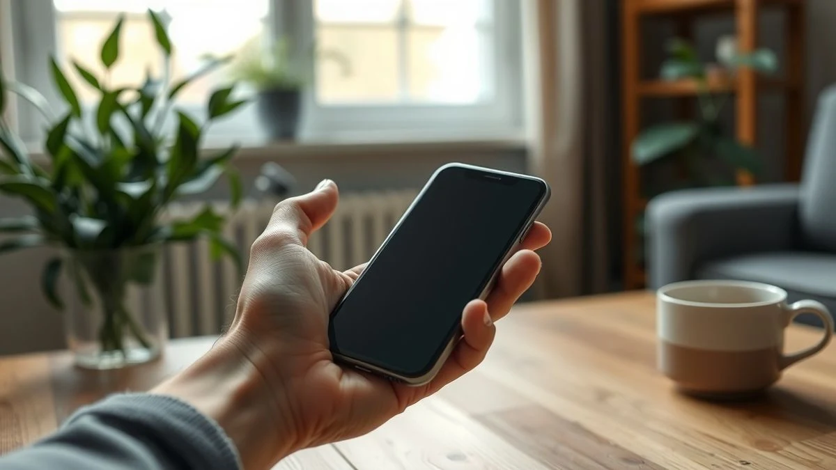 Manos sosteniendo un smartphone con la pantalla apagada, en una mesa de madera, con fondo desenfocado de una sala de estar.