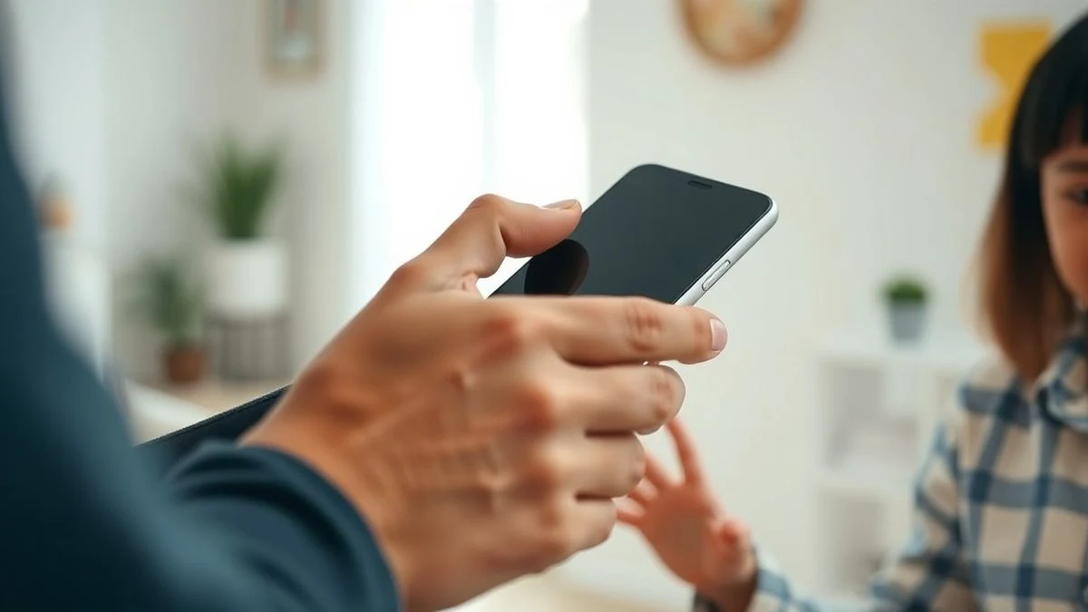 Primer plano de la mano de un padre sosteniendo un smartphone apagado, con la mano de un niño al fondo en un salón luminoso.