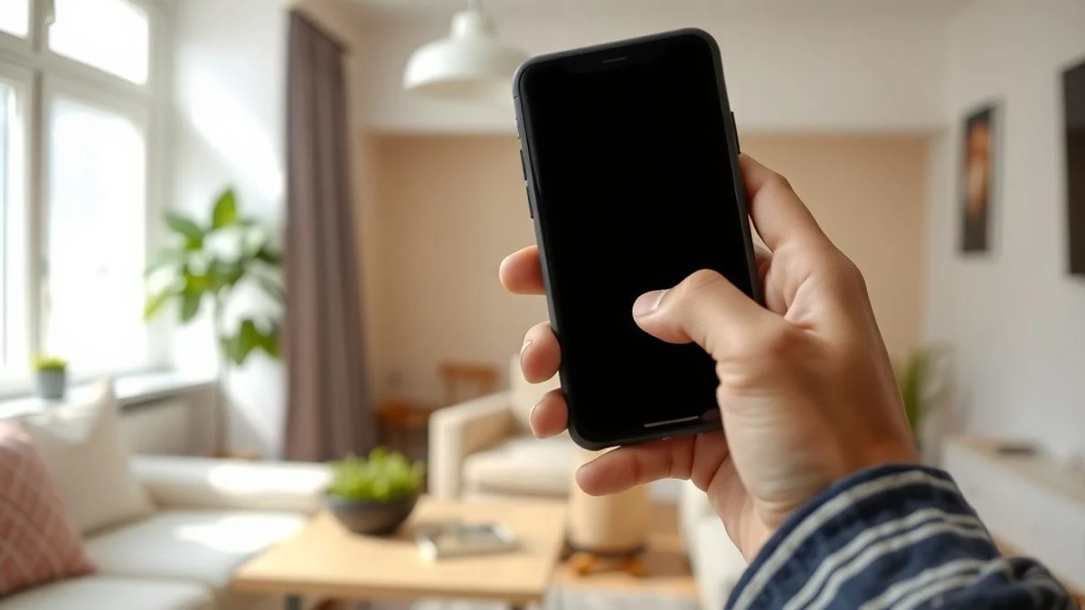 Manos sosteniendo un teléfono móvil apagado frente a una ventana luminosa en un salón moderno.