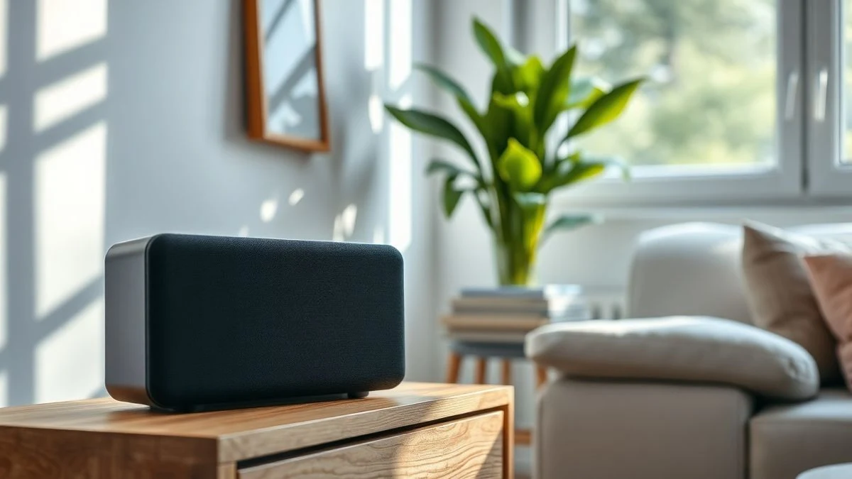 Altavoz inalámbrico apagado sobre una mesa auxiliar de madera en un salón moderno y luminoso.