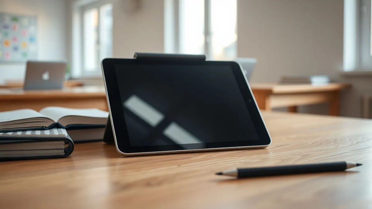 Tableta apagada sobre una mesa de madera en una sala de estudio luminosa, con cuadernos y un ordenador portátil cerrado cerca.