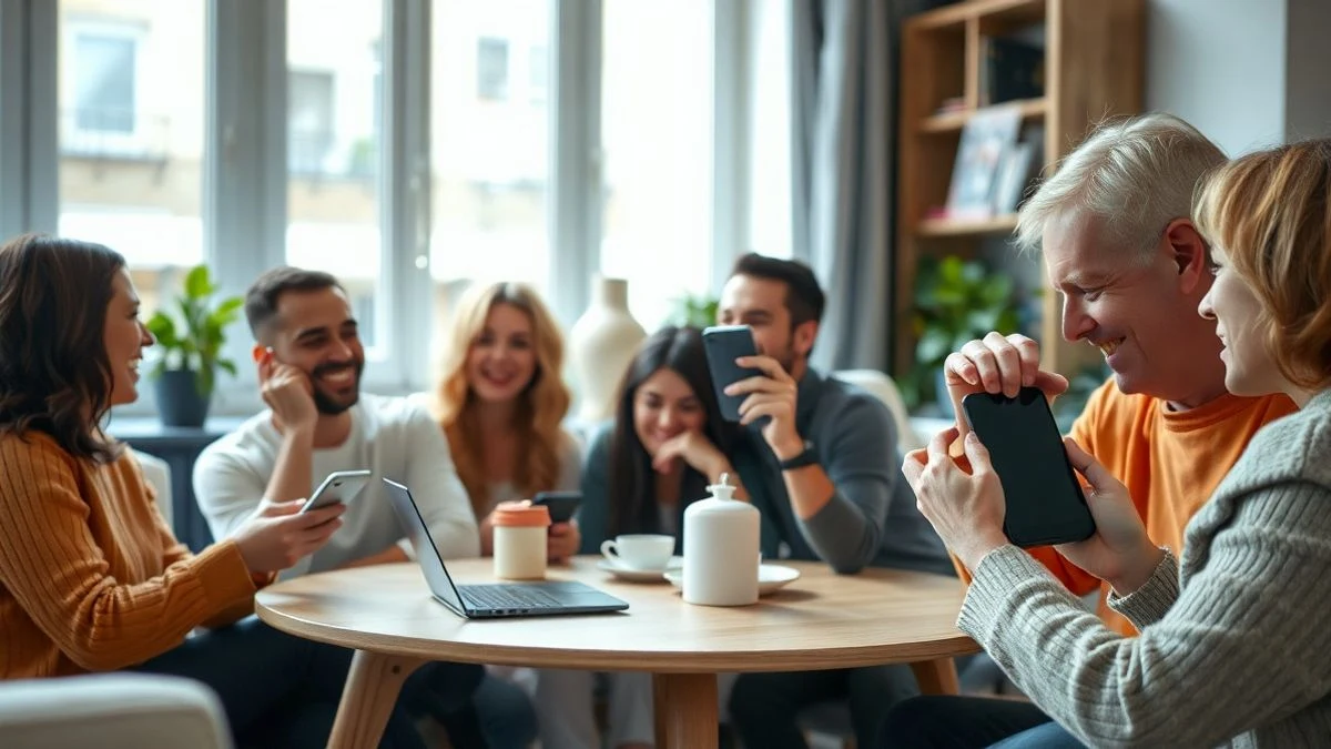 Personas sentadas en un salón moderno con teléfonos apagados en las manos, riendo y conversando.
