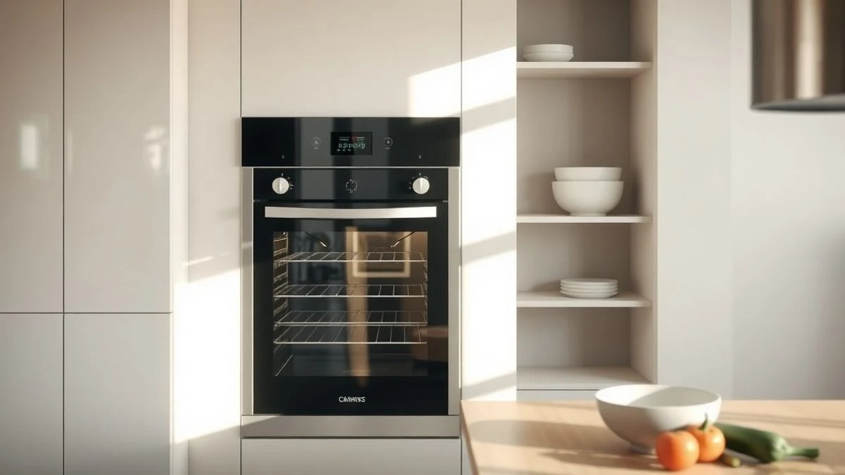 Cocina moderna europea con un horno empotrado de acero inoxidable y un cuenco de verduras frescas sobre la encimera.