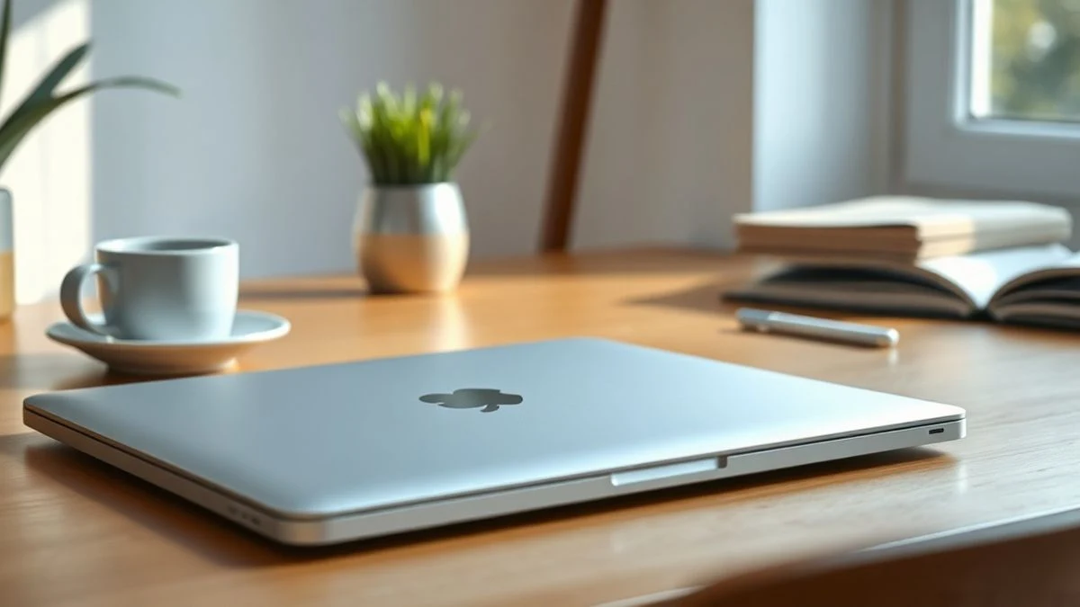 Primer plano de un portátil ultraligero de color plata cerrado sobre una mesa de madera en una oficina luminosa, con una taza de café y una planta desenfocados al fondo.