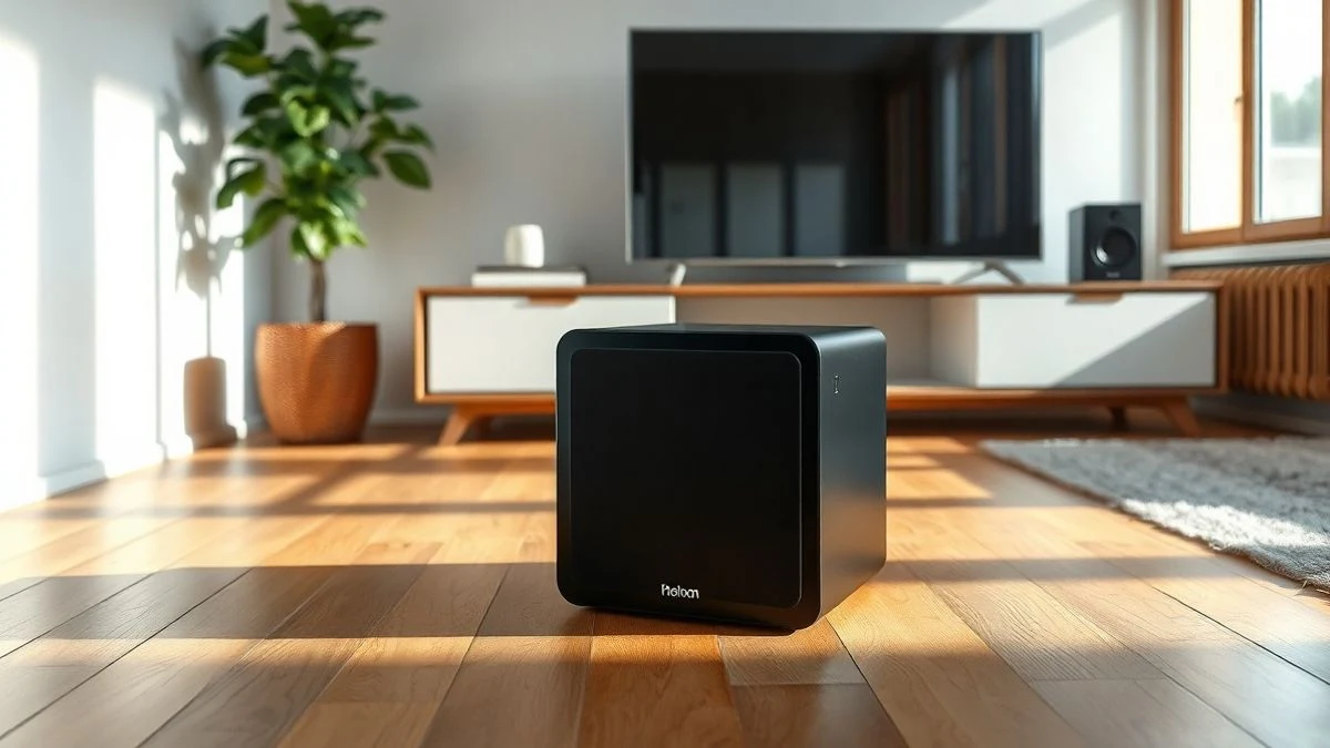 Un subwoofer moderno de color negro sobre un suelo de madera en un salón contemporáneo con luz natural.