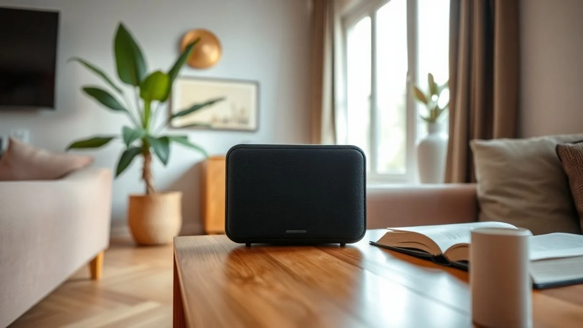 Un altavoz inalámbrico apagado sobre una mesa de madera en un salón luminoso y minimalista.
