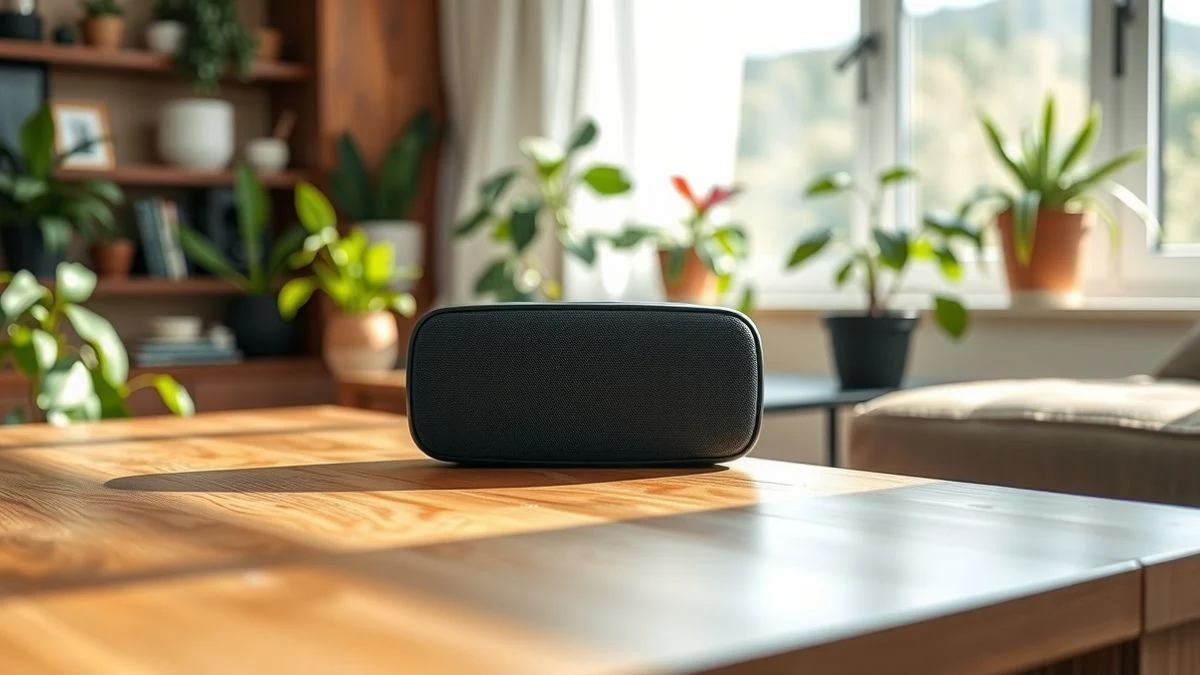 Un altavoz portátil moderno sobre una mesa de madera en un salón luminoso con plantas, sin marcas visibles y apagado.