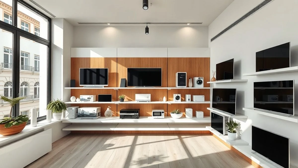 Interior de un showroom moderno en Madrid con televisores apagados y electrodomésticos en estantes minimalistas.