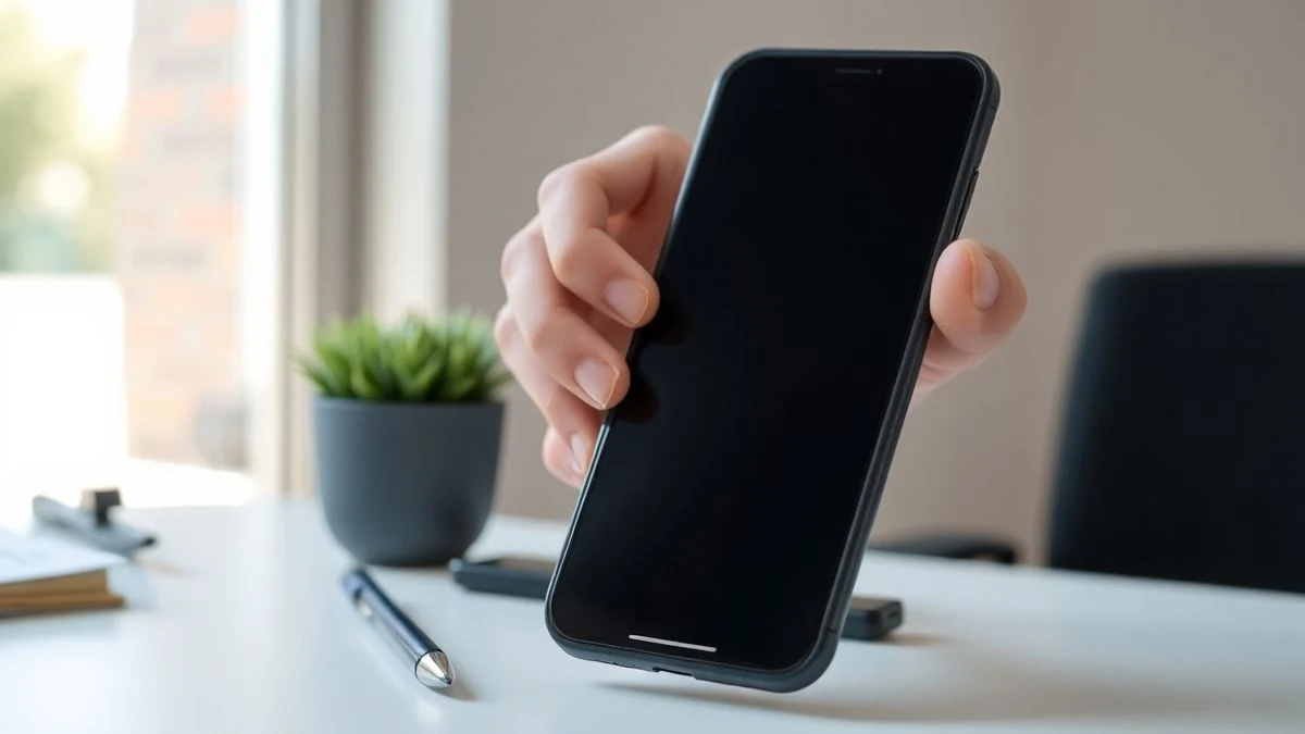 Primer plano de una mano sosteniendo un teléfono móvil apagado sobre una mesa, con un botón rojo de borrar difuminado al fondo.