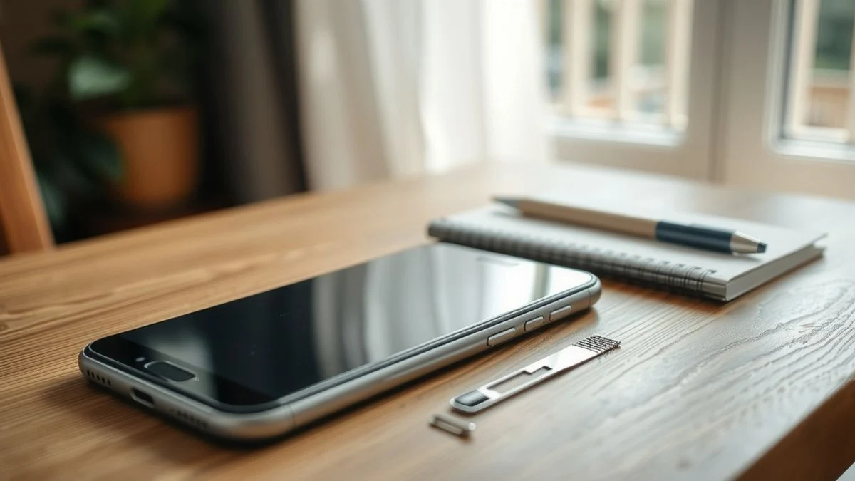Un teléfono inteligente apagado sobre una mesa de madera junto a un cuaderno y un bolígrafo, con luz natural entrando por una ventana.