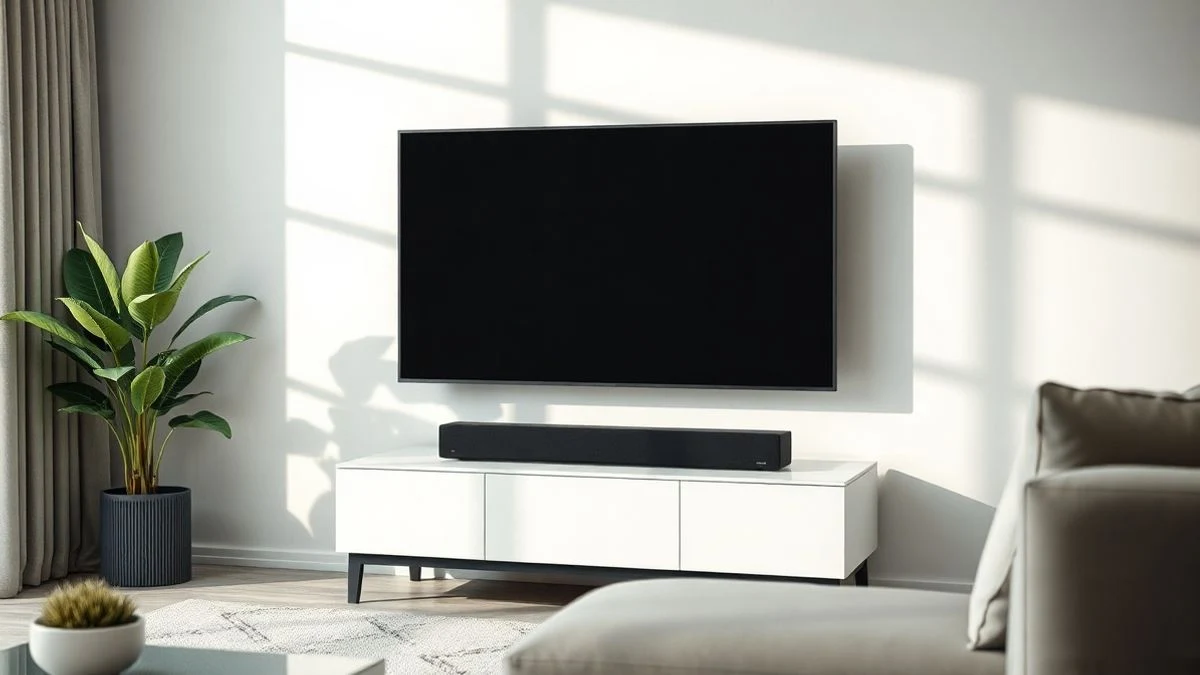 Una barra de sonido negra y elegante sobre un mueble de salón moderno, con la pantalla del televisor apagada y luz natural entrando por una ventana.