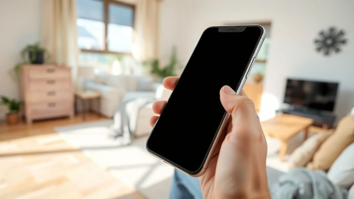 Manos sosteniendo un smartphone con la pantalla apagada en un salón luminoso.