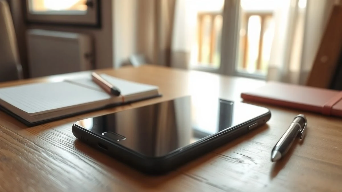 Primer plano de un teléfono móvil apagado sobre una mesa de madera, junto a una libreta y un bolígrafo, con luz natural de ventana.