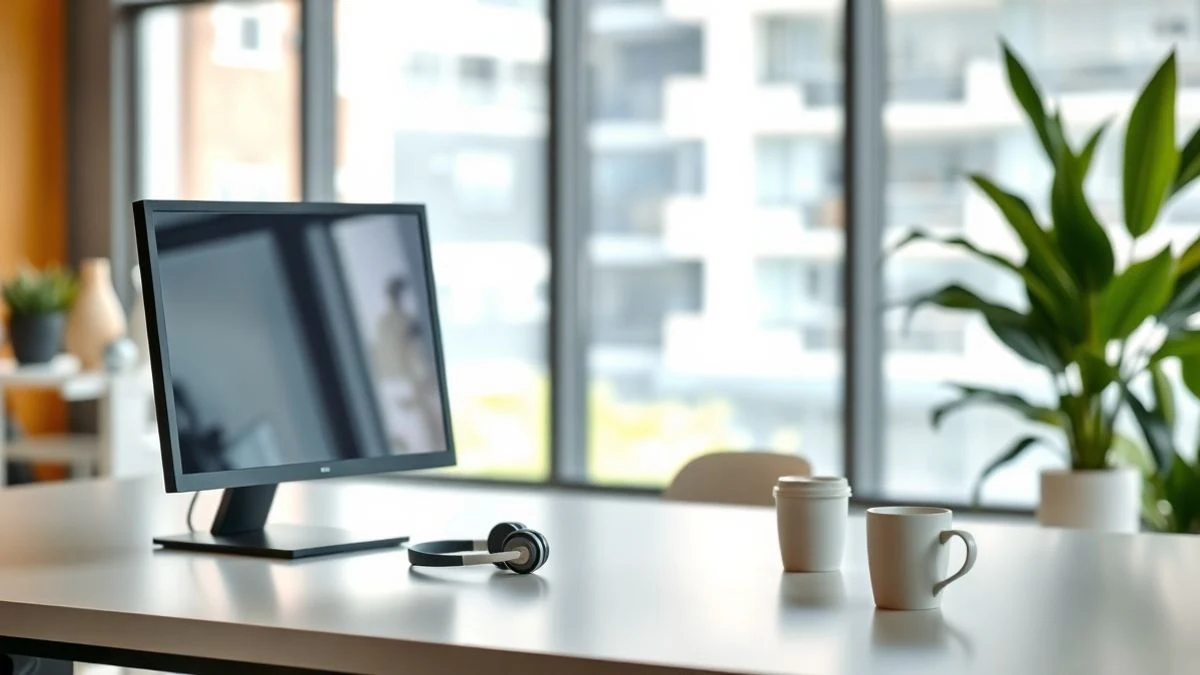 Escritorio moderno con monitor apagado, auriculares y taza de café en una oficina luminosa.