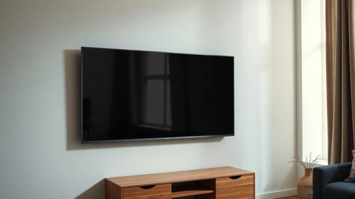 Un televisor moderno de pantalla negra montado en la pared de un salón minimalista con luz natural.