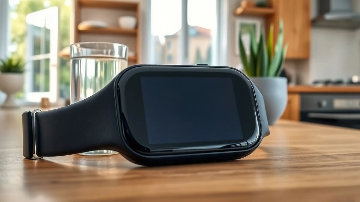 Primer plano de una smartband apagada sobre una mesa de madera junto a un vaso de agua y una planta.