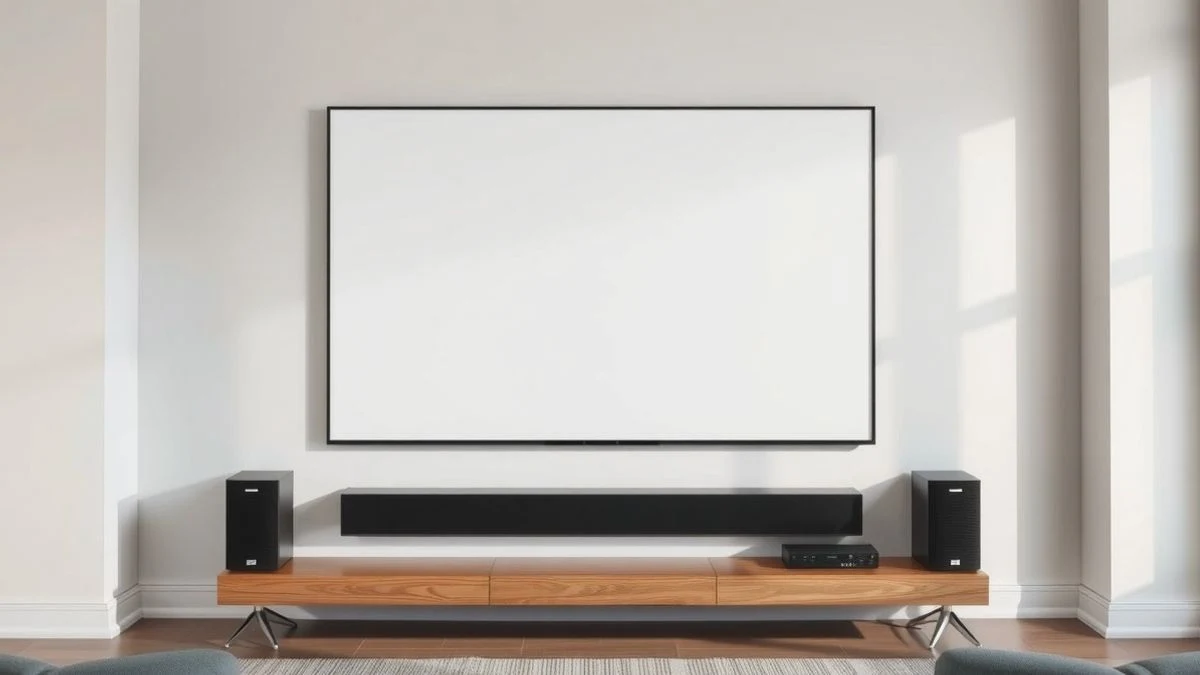 Salón contemporáneo con un televisor de pantalla apagada, una barra de sonido y altavoces inalámbricos a los lados, iluminado por luz natural.