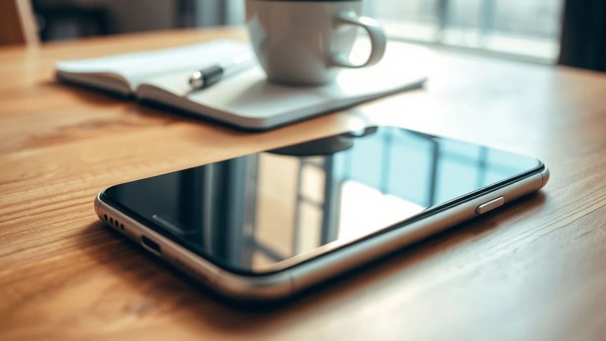 Primer plano de un smartphone apagado sobre una mesa de madera, con un cuaderno y una taza de café desenfocados al fondo.