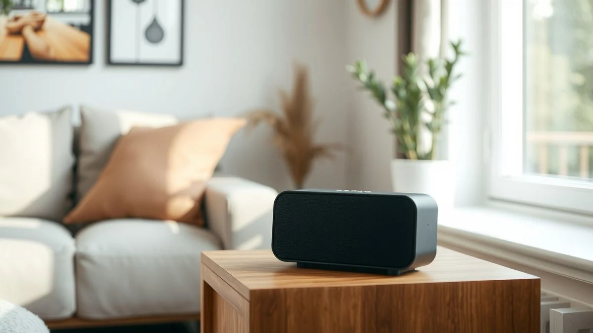 Un altavoz inalámbrico moderno sobre una mesa de madera en un salón luminoso, con luz natural y un interior minimalista.