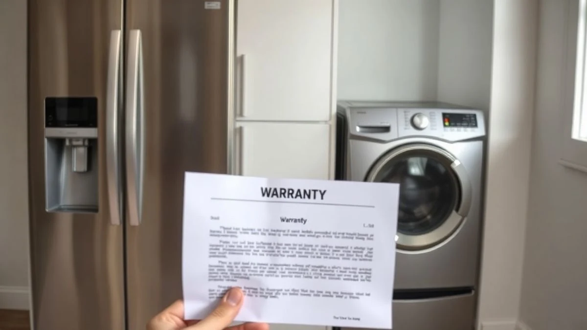 Persona de espaldas desenfocada mostrando un documento de garantía en blanco, junto a una nevera y una lavadora apagadas en una cocina moderna.