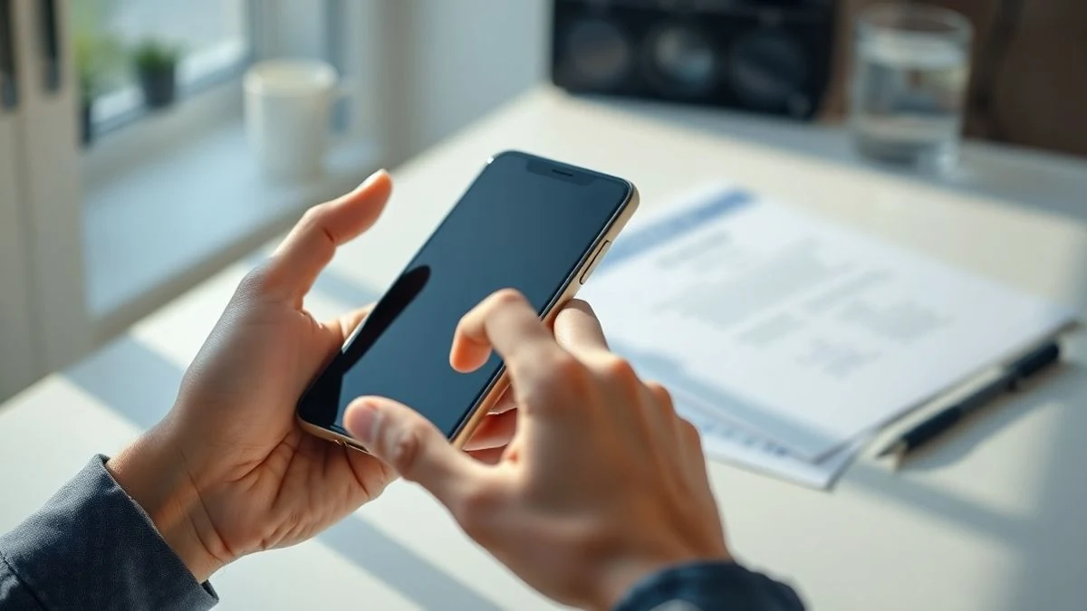 Primer plano de unas manos sosteniendo un smartphone apagado sobre una mesa con un documento de certificado digital desenfocado al fondo.