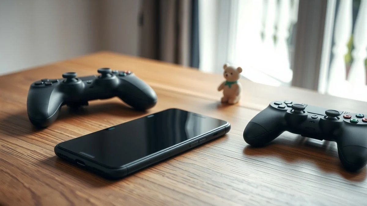 Un smartphone apagado sobre una mesa de madera junto a un mando de videojuegos y un pequeño muñeco de oso de plástico.