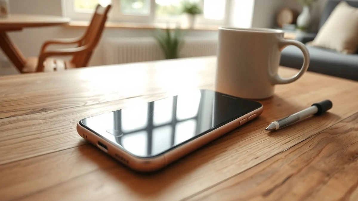 Primer plano de un smartphone apagado sobre una mesa de madera con una taza de café al lado, en un salón luminoso.