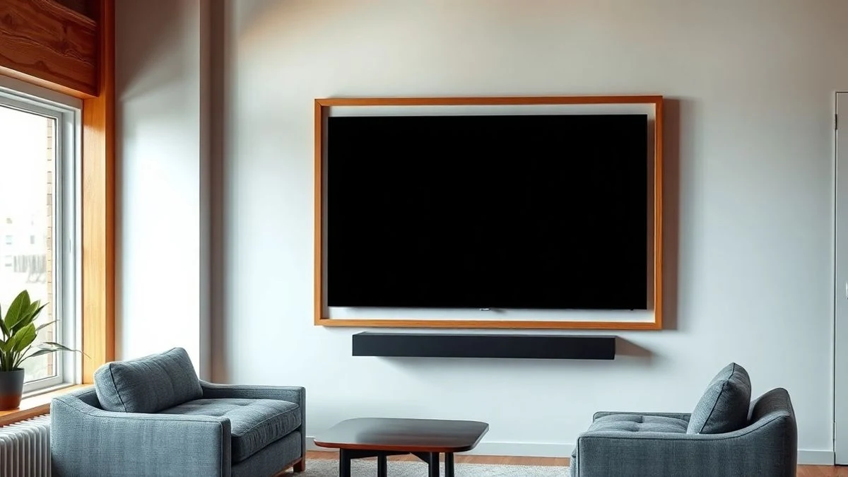 Un salón moderno con un televisor de pantalla negra montado en la pared, con marco de madera, iluminado por luz natural.