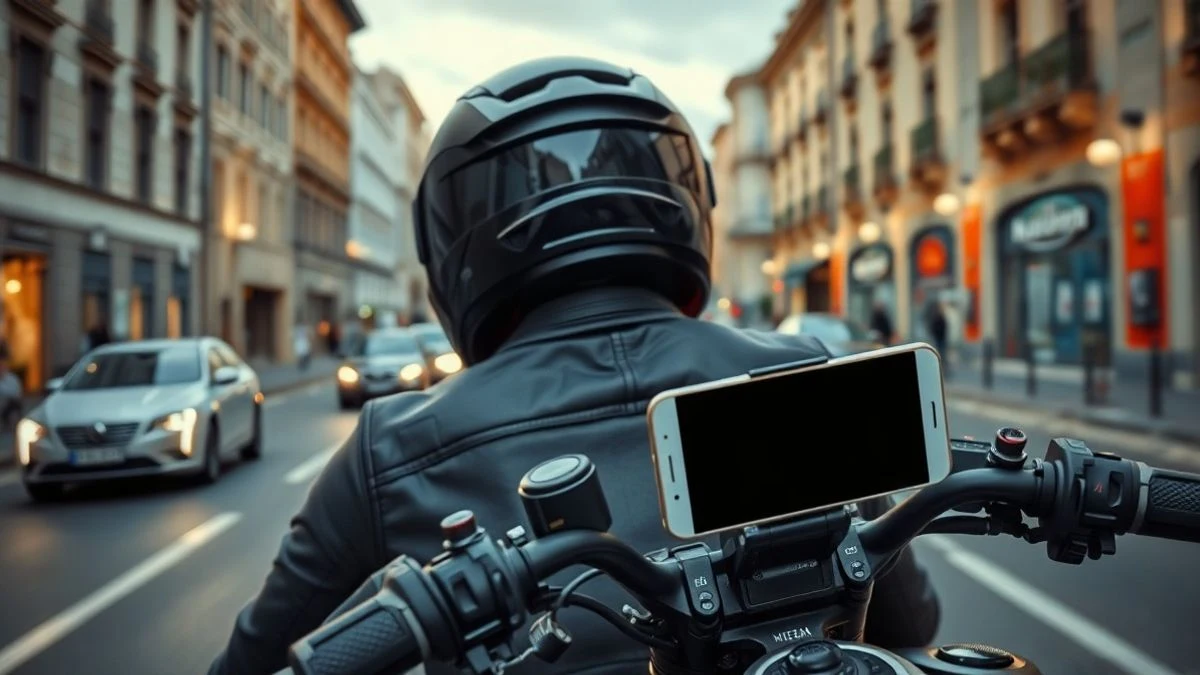 Vista trasera de un motociclista con casco conduciendo por una calle urbana al anochecer; el teléfono acoplado al manillar está apagado.