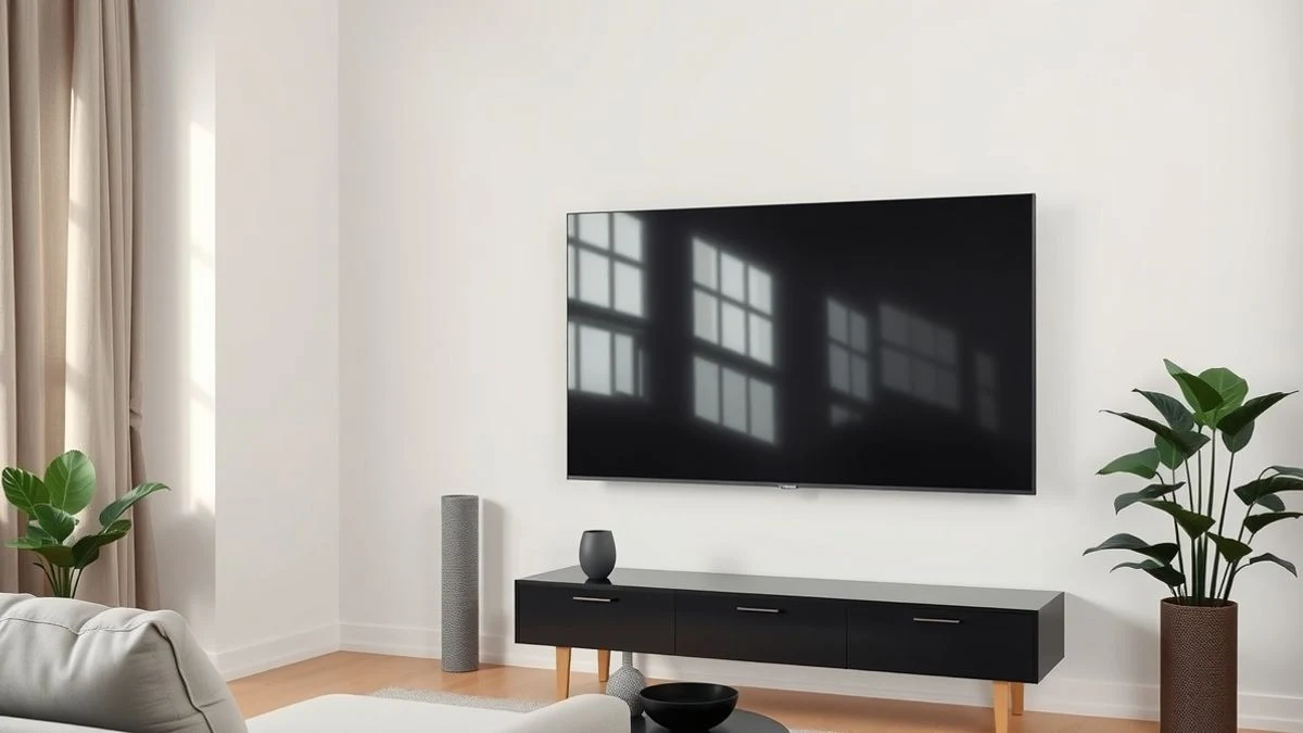 Salón moderno con un televisor de pantalla plana apagado montado en la pared, con luz natural y plantas decorativas.