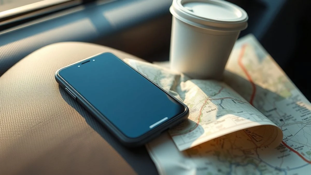 Un teléfono inteligente apagado sobre el asiento del copiloto, junto a un mapa de papel y una taza de café, con luz natural entrando por la ventanilla.