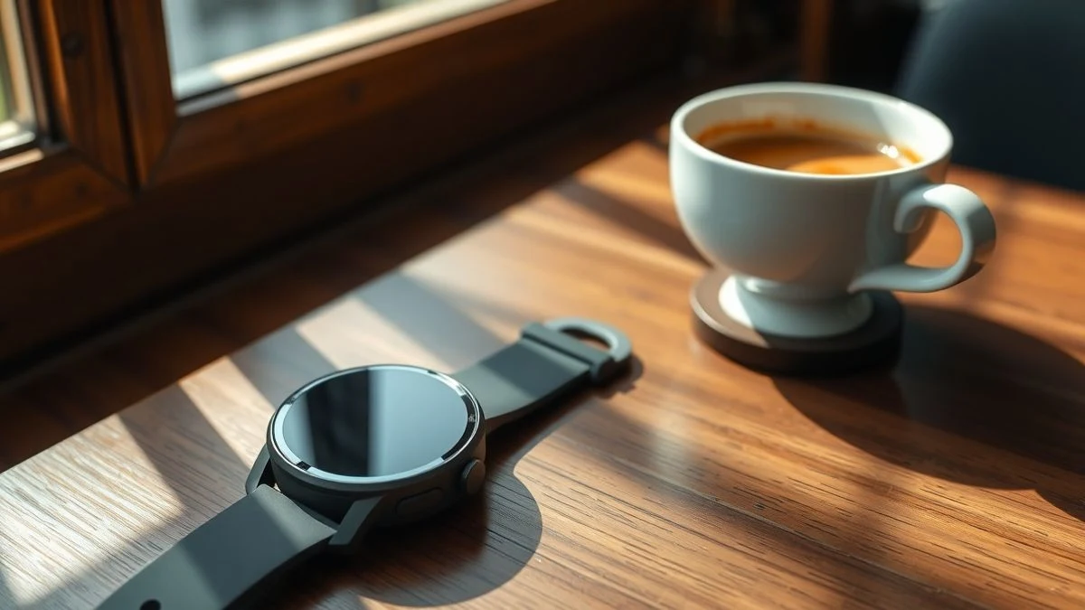 Un smartwatch redondo y elegante sobre una mesa de madera junto a una taza de café, con luz natural suave.